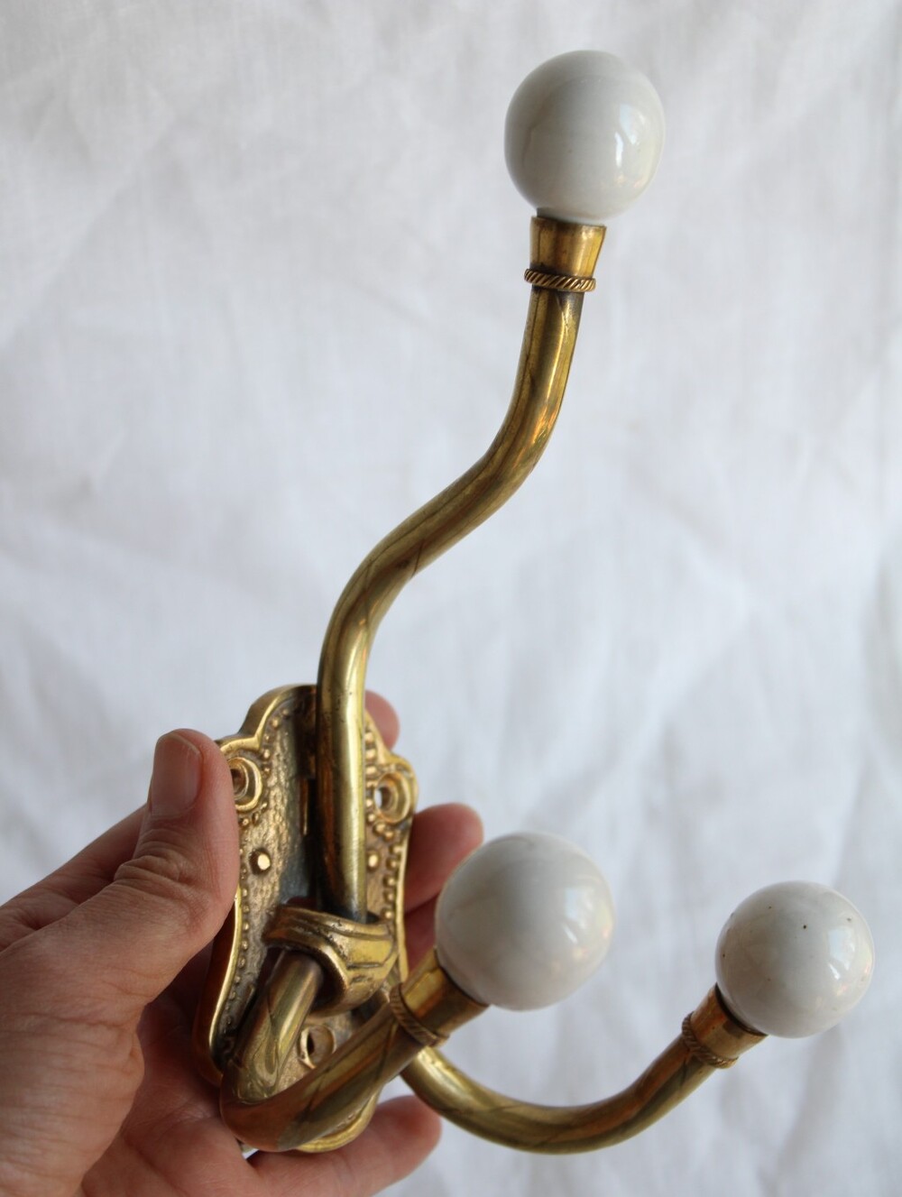 Vintage Brass Triple Hook with White Porcelain Knobs